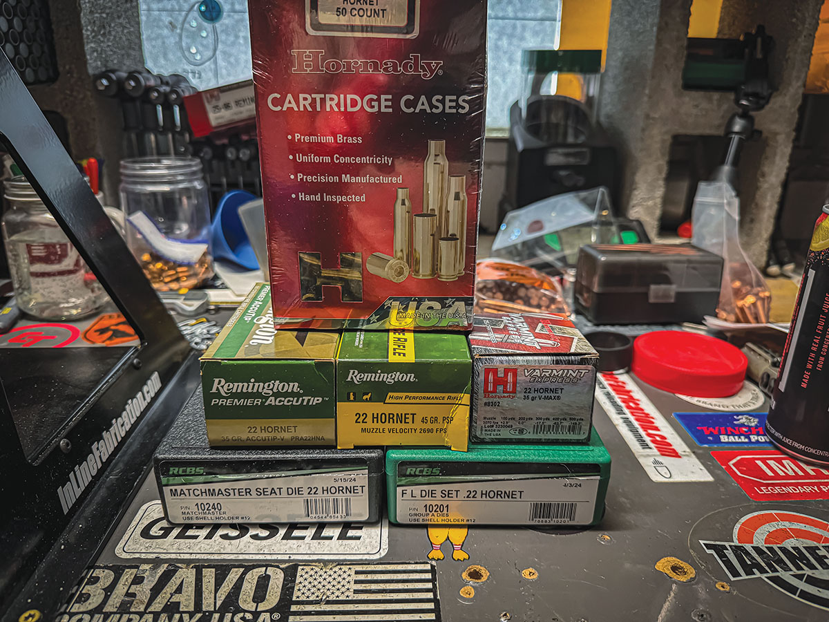 Here is Factory 22 Hornet ammunition that was tested along with the RCBS die sets used for assembling handloads.